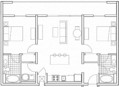 Floor plan for 2 beds, 2 baths, 1165 sqft